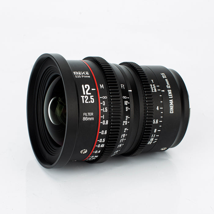 Meike Prime 12mm T2.5 Cine Lens for Super 35 Frame Cinema Camera System, such as RED Komodo, BMPCC 6K, BMPCC 6K Pro,Z CAM S6 and Canon C70 etc.