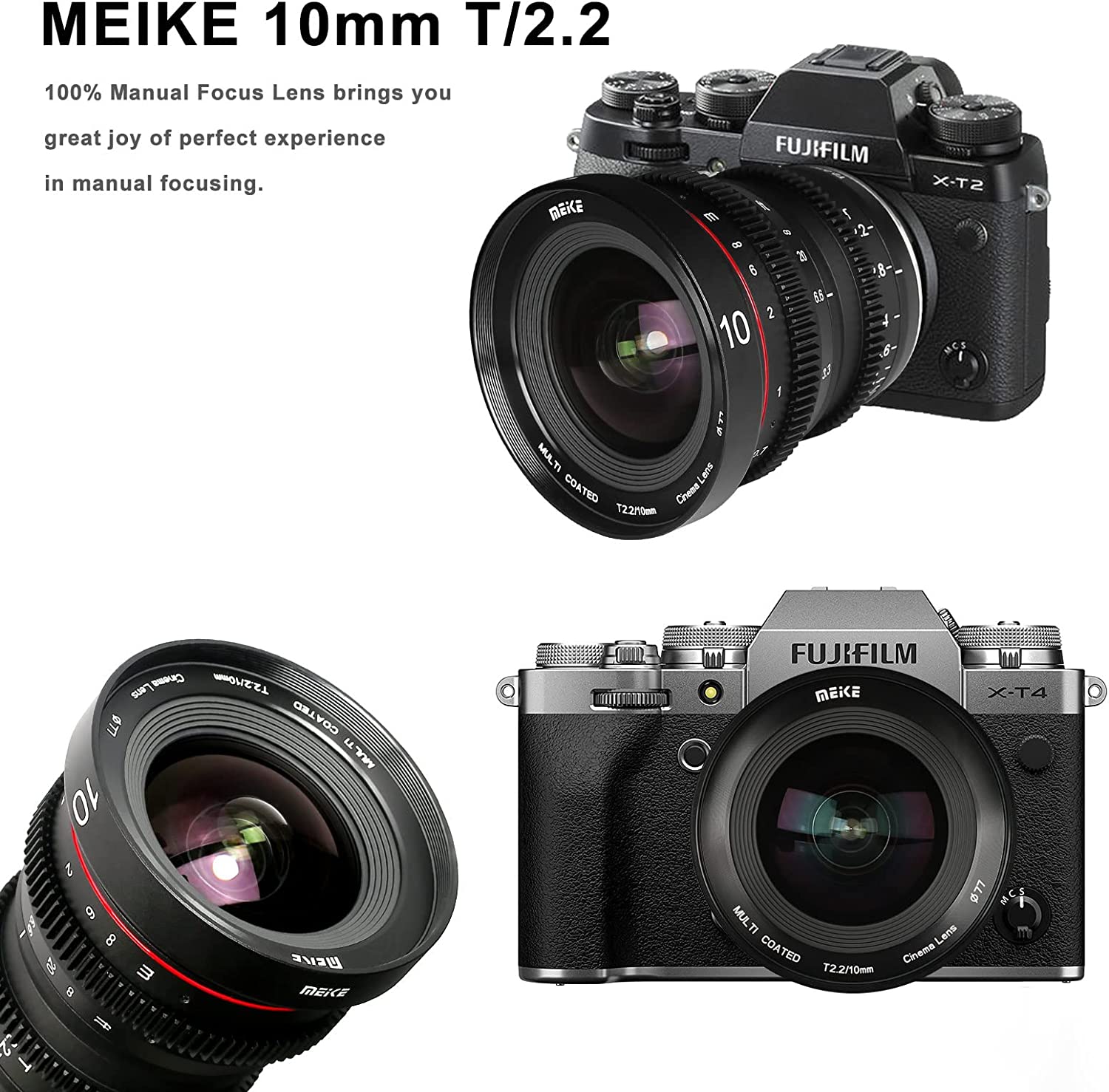 Meike Mini Prime T2.2 Series 3* Cine lens Kit for Fujifilm X Mount Cameras X-H1 X-T3 X-T20 X-T10 X-T2 X-Pro2 X-E3 X-T1 X-A2 -T100 X-E1 X30 X70 X-M1,X-T4, X-T5 etc.+Cine Lens Case-Fast Delivery