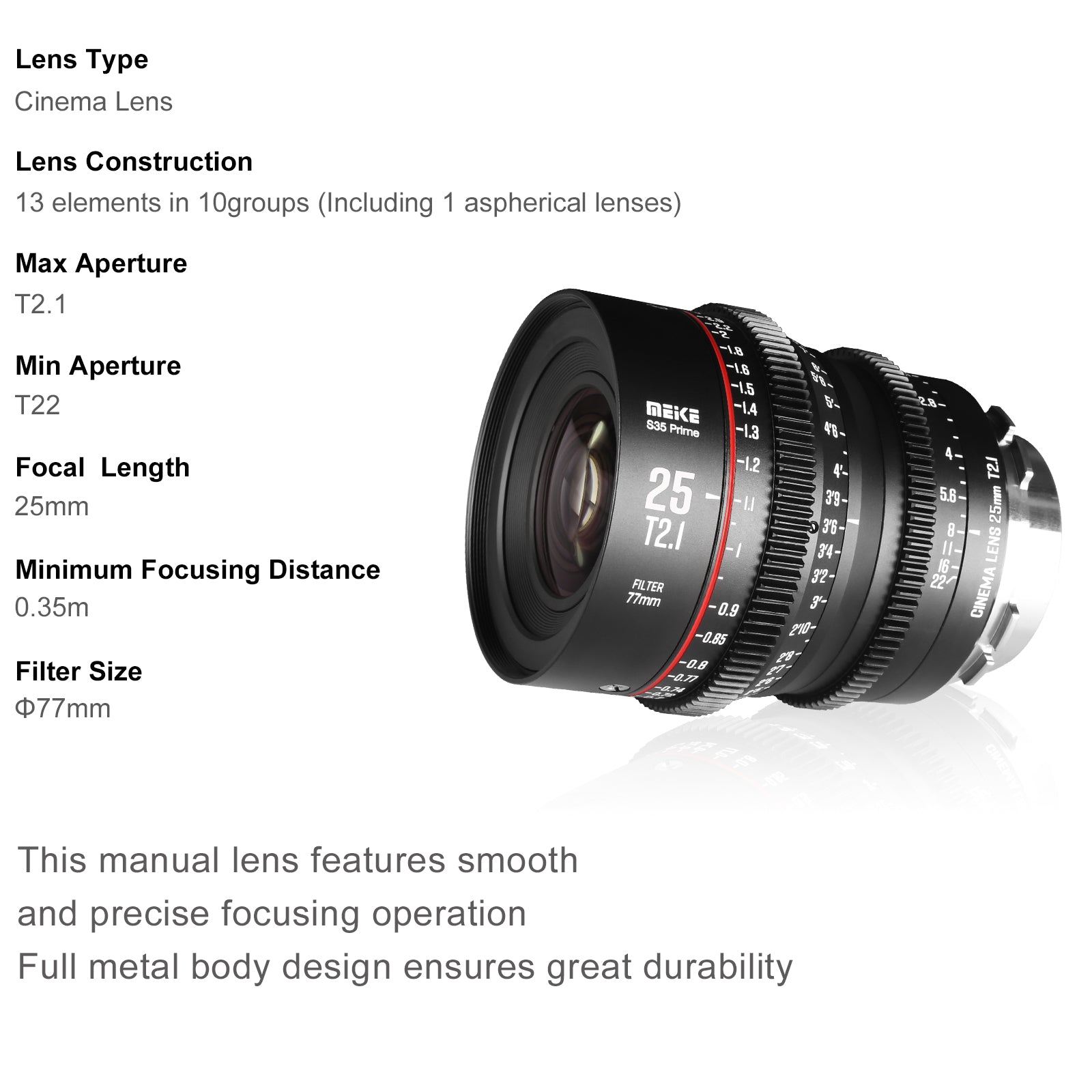 Meike Super 35 Prime Cinema Lens-25mm T2.1 for Canon EF-Mount/Arri PL-Mount Cine Camera