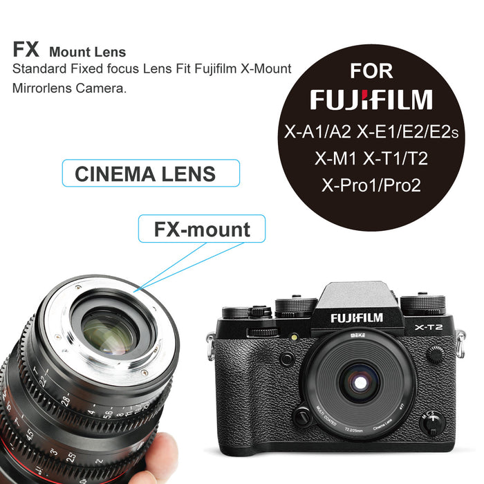 Meike Mini Prime T2.2 Cine lens for Fujifilm X Mount Cameras X-H1 X-T3 X-T20 X-T10 X-T2 X-Pro2 X-E3 X-T1 X-A2 -T100 X-E1 X30 X70 X-M1,X-T4, X-T5 etc. (Single Lens)