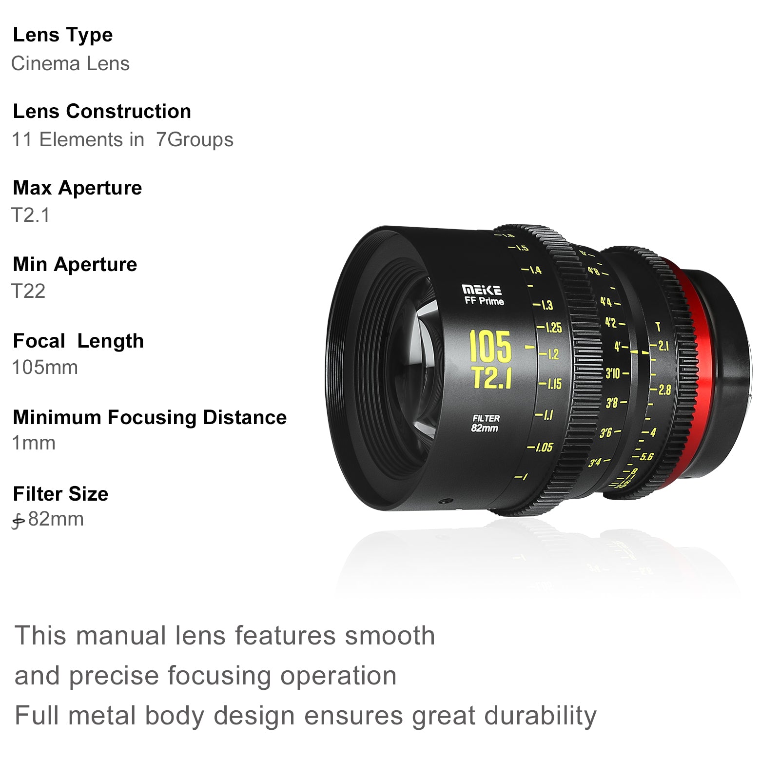 Meike FF Prime Cinema Lens -105mm T2.1 for Sony FX3/FX6/FX9,A7SIII,Canon R5,R6,RED Komodo X, BMPCC 6K PYXIS,Panasonic S1H,etc(PL/EF/E/RF/L mounts)