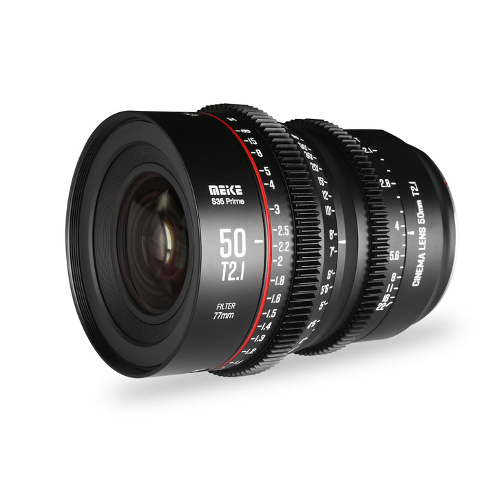 Meike Prime 50mm T2.1 for Super 35 Frame Cinema Camera Systems,such as RED Komodo,BMPCC6K,BMPCC6K Pro,Z CAM S6, and Sony FS5II,Canon C70 etc.