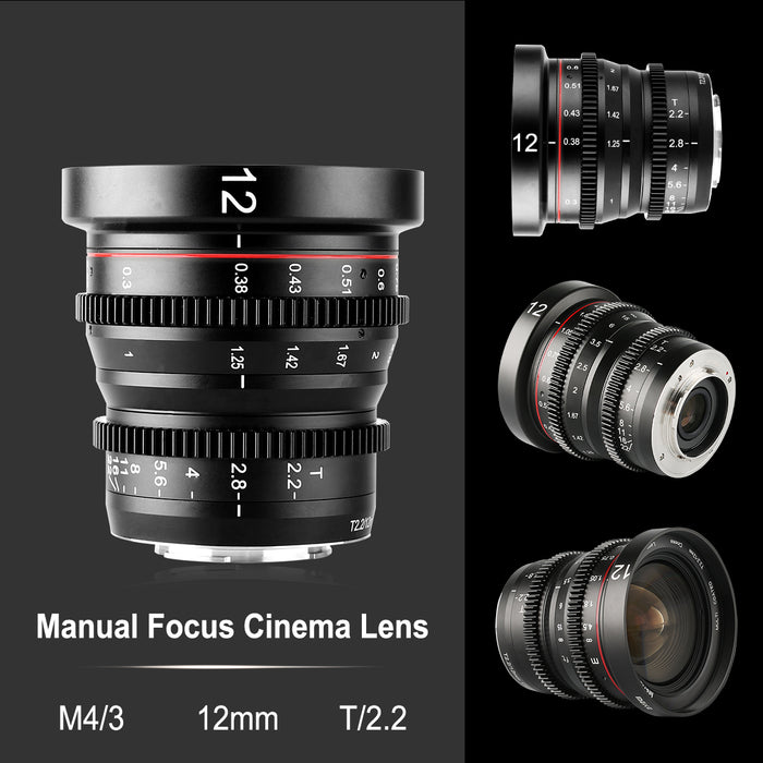 Meike Cine Lens 12mm T2.2 for M43-Fast Delivery-Compatible with Olympus/Panasonic Lumix Cameras and BMPCC 4K BMPPCC camera 4K Zcam E2 GH5 etc.