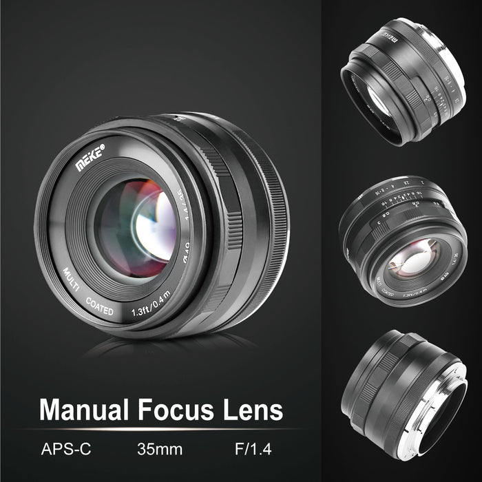 Meike 35mm F1.4 APS-C Large Aperture Wide Angle Prime Manual Focus Lens for E/X/EFM/M43 Mount