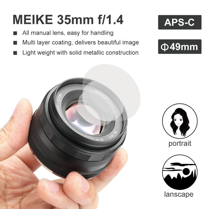 Meike 35mm F1.4 APS-C Large Aperture Wide Angle Prime Manual Focus Lens for E/X/EFM/M43 Mount