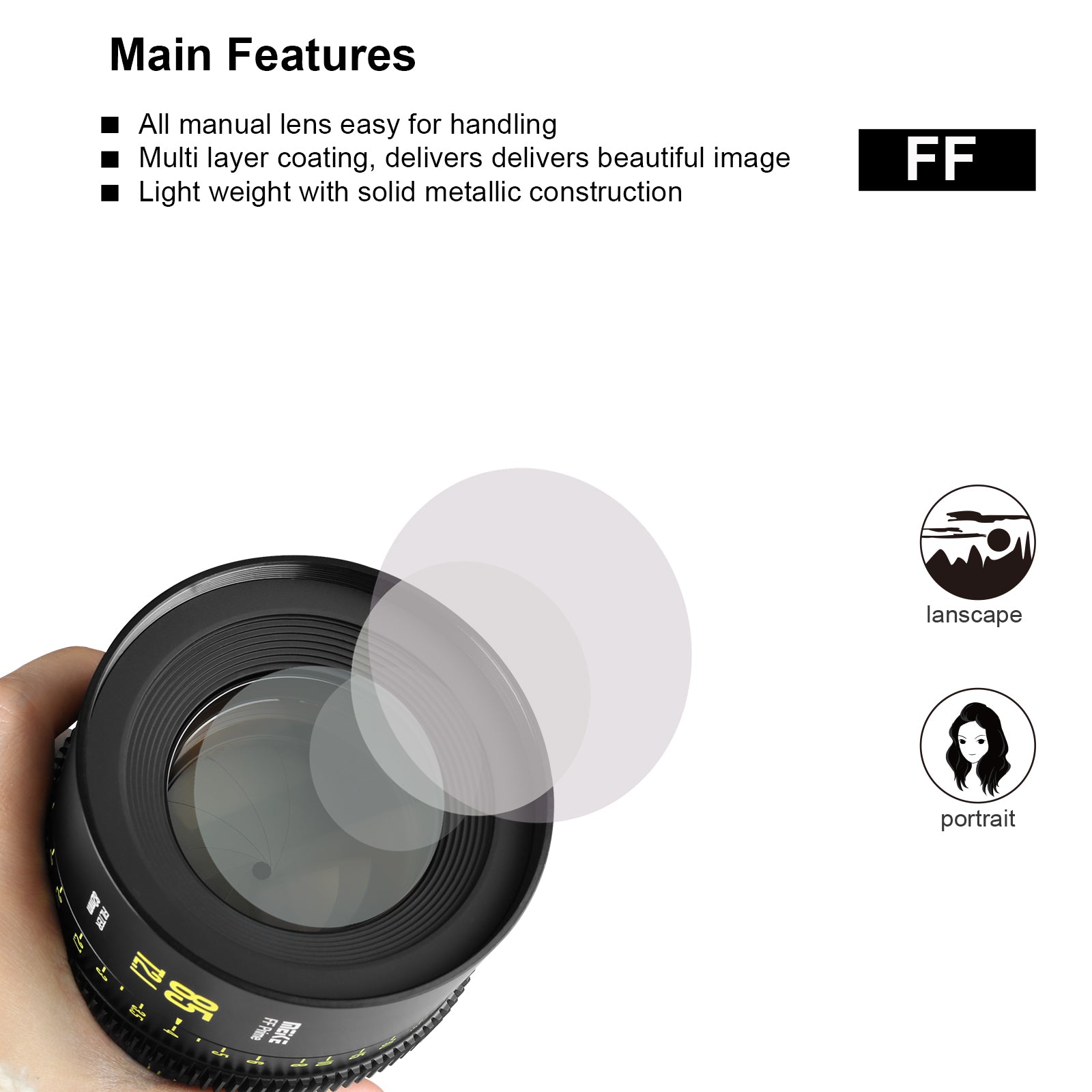 Meike FF Prime Cinema Lens -85mm T2.1 for Sony FX3/FX6/FX9,A7SIII,Canon R5,R6,RED Komodo X, BMPCC 6K PYXIS,Panasonic S1H,etc(PL/EF/E/RF/L mounts)