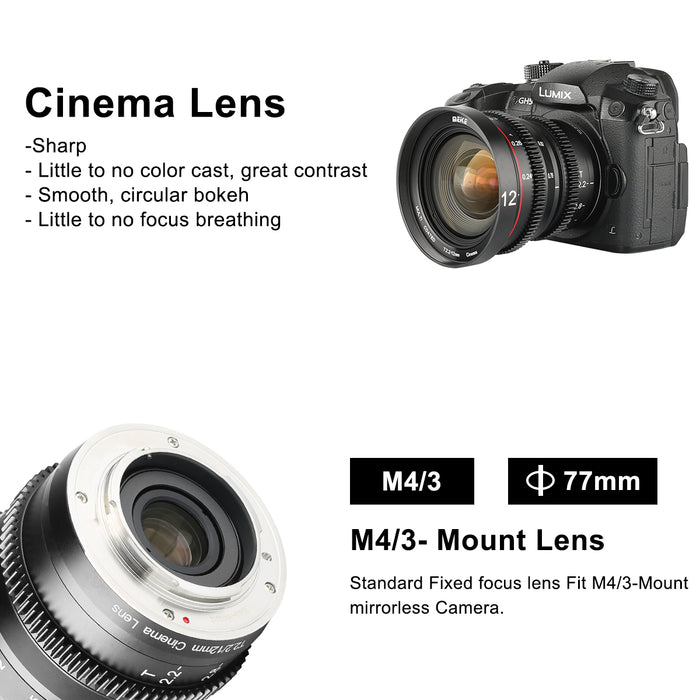 Meike Cine Lens 12mm T2.2 for M43-Fast Delivery-Compatible with Olympus/Panasonic Lumix Cameras and BMPCC 4K BMPPCC camera 4K Zcam E2 GH5 etc.