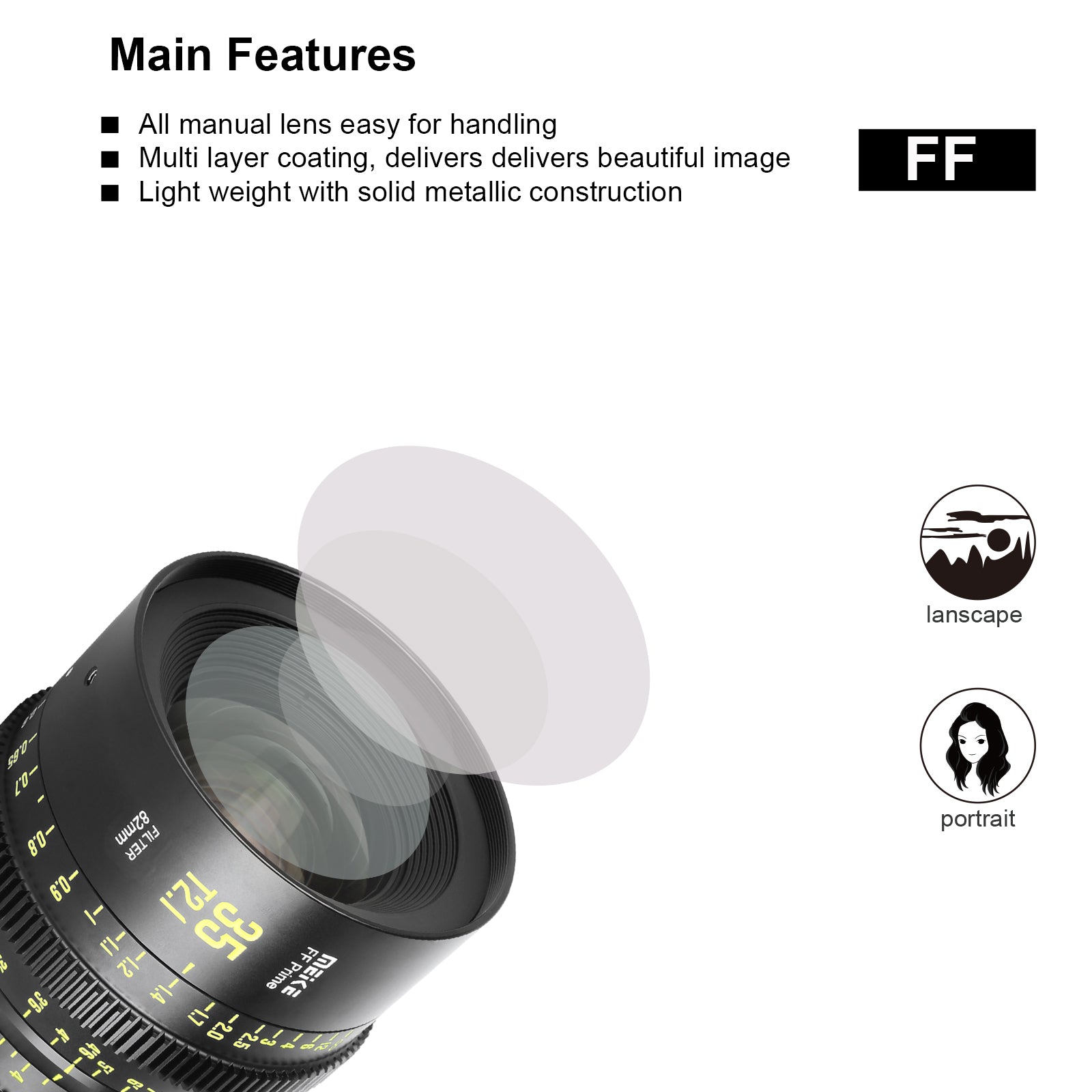 Meike FF Prime Cinema Lens -35mm T2.1 for Sony FX3/FX6/FX9,A7SIII,Canon R5,R6,RED Komodo X, BMPCC 6K PYXIS,Panasonic S1H,etc(PL/EF/E/RF/L mounts)