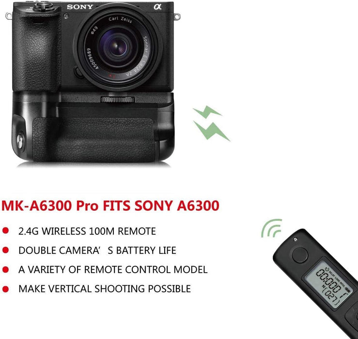 Meike MK-A6300 Pro Vertical Shooting Battery Grip Power Pack with 100M 2.4G Hz Wireless Remote Control  for Sony A6100 A6400 A6300 A6000 Cameras
