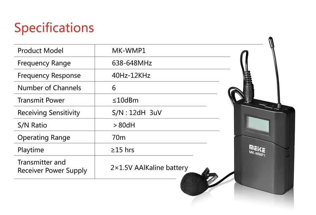 Meike MK-WMP1 UHF Wireless Omni-Directional Lavalier Microphone with 6 Channels for Canon Nikon Sony or Other DSLRs Video Cameras